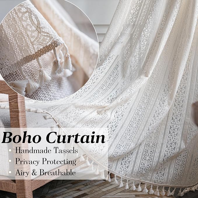 Sutuo Home Boho Curtain Crochet Lace Semi-Sheer Florals Hollow Knitted Handmade Tassels, Rod Pocket Window Treatment Vintage Rustic Farmhouse Drapes for Living Bedroom, 1 Panel 59" W x 63" L, Beige