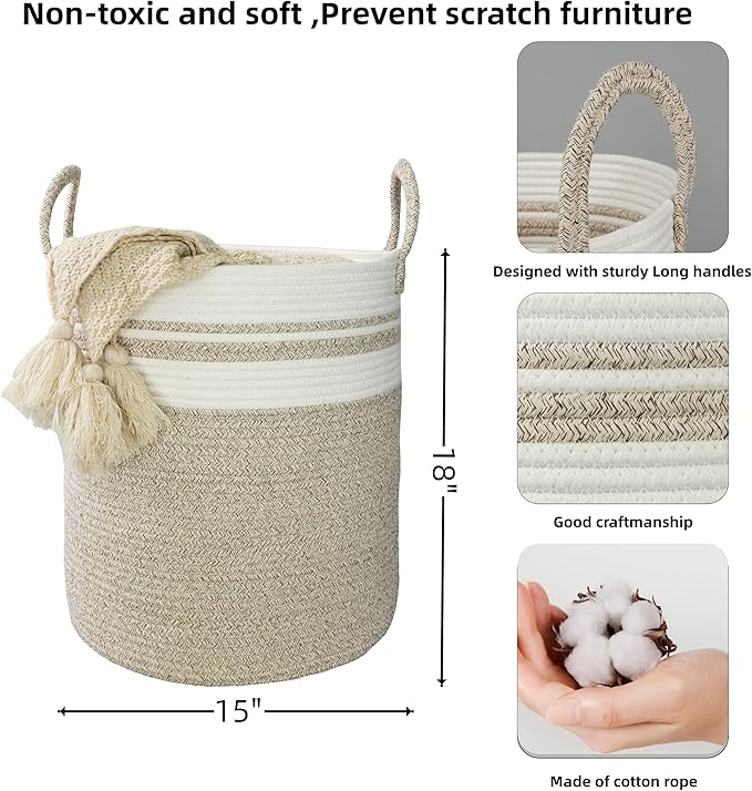 XUANGUO Cotton Rope Laundry Basket Hamper for Clothes Large Brown and White | Baby Nursery Hamper Bin and Woven Storage Basket for Living Room Bedroom Boho Tall Rope Baskets Blankets Toys Pillows Towels