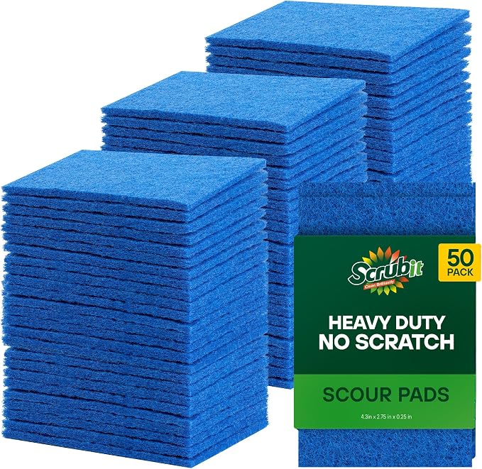 SCRUBIT 50 Pack Scouring Pad - Heavy Duty Scrub Pads for Cleaning Dishes - Non-Scratch Reusable Scrubbing - Blue
