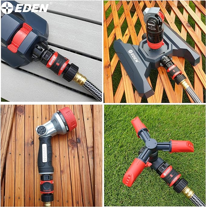 Eden 95210 Premium Garden Hose Quick Connect Set | 5-Piece Snap & Lock Fittings with Water Stop & Secure Twist-Lock Design