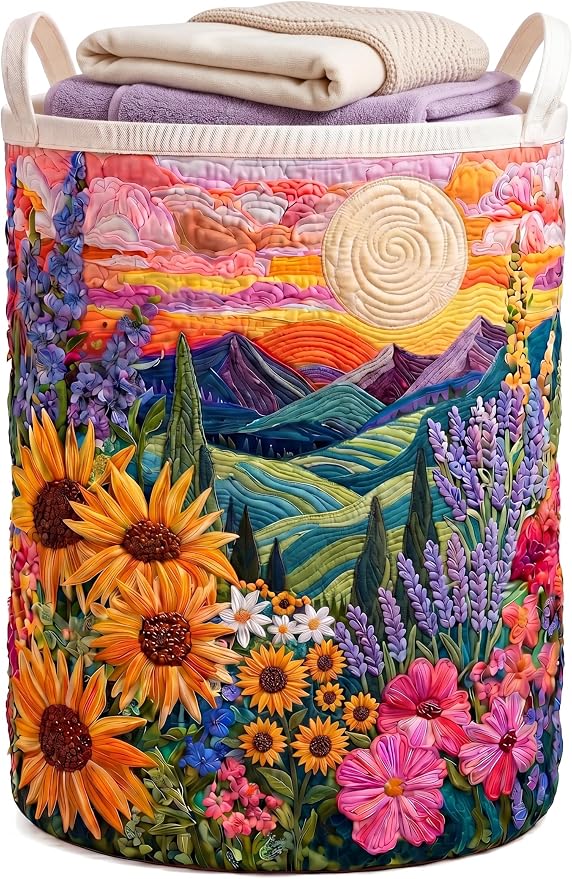 Quilted Laundry Basket with Handles, Boho Floral Quilted Storage Hamper, Large Capacity Laundry Hamper for Nursery Bedroom Laundry Room Home Decor (Pattern 12, Large (28"H x 20"W x 20"L))