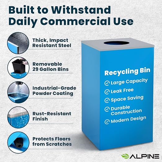 Alpine Commercial Indoor Recycle Bin with Lid - 29 Gallon Blue Recycle Bin Recycle Trash Can Office Recycling Bins, Metal Recycling Container with Stickers & 3 Optional Lids Sold Separately