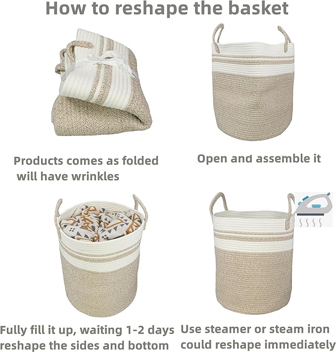 XUANGUO Cotton Rope Laundry Basket Hamper for Clothes Large Brown and White | Baby Nursery Hamper Bin and Woven Storage Basket for Living Room Bedroom Boho Tall Rope Baskets Blankets Toys Pillows Towels