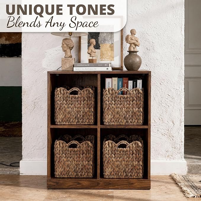 Set of 4 Foldable Scalloped Wicker Storage Cubes Basket, Storage Cube Bins -12"x12"x12", Collapsible Cube Organizers, Water Hyacinth Woven Bins for Bathroom, Bedroom, Shelves,...(Espresso Color)