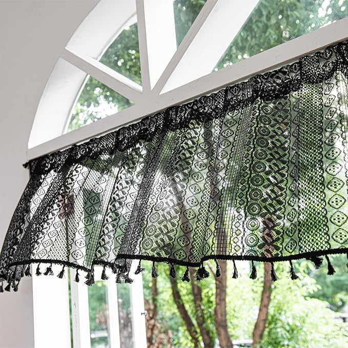 Sutuo Home Black Boho Valance Curtains Crochet Lace Sheer Bohemian Hollow Knitted with Tassels, Privacy Vintage Mid Century Farmhouse Tier for Kitchen, Rod Pocket 1 Panel,59" W x 36" L