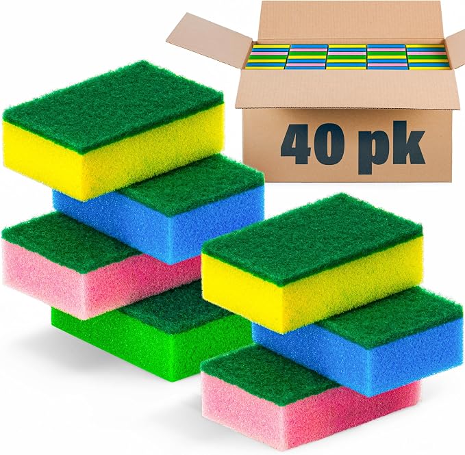 DecorRack 40 Kitchen Scrub Sponges, Heavy Duty Bulk Pack, Multicolor