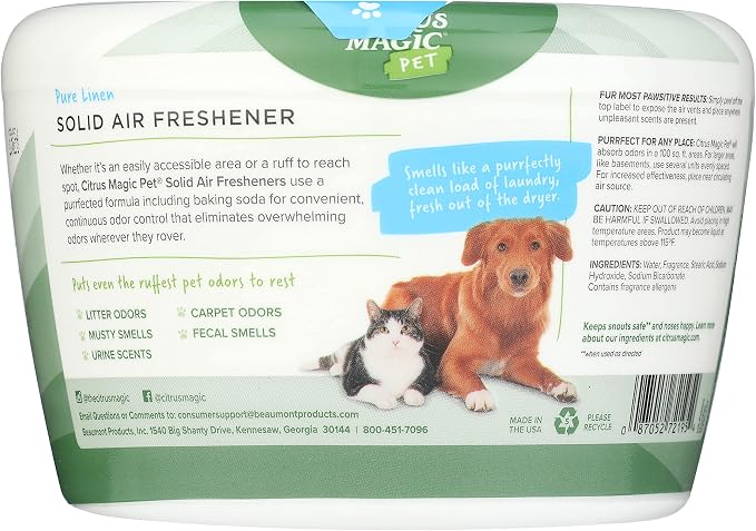 Citrus Magic Pet Solid Air Fresheners, Pure Linen, 20 Ounce, 2 Pack | Odor Absorbing, Passive Diffusion, Odor Elimination Up to 12 Weeks Each, Ideal for Dog & Cat Areas and Litter Boxes