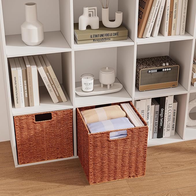 Vagusicc Wicker Storage Basket, Set of 2 Hand-Woven Paper Rope Wicker Baskets, Foldable Cube Storage Bins, 11 inch Storage Basket, Square Baskets for Organizing Shelves & Decor, Orange (11″×11″×11″)