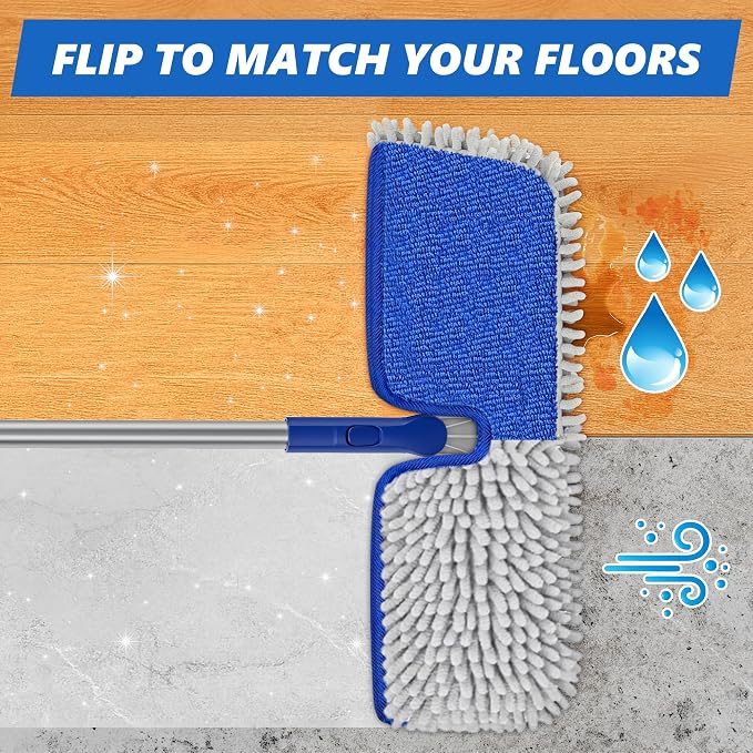 2-Sided Microfiber Dust Mop for Hardwood Floors & Walls | Flat Flip Head, Wet Dry Use, 3 Chenille & Microfiber Pads, 58" Handle, 360° Swivel, Sweep Pet Hair, Tile, Laminate, Kitchen