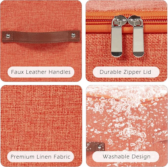 Storage Bins with Zipper Lids Decorative Lidded Baskets Boxes | Clothes Container, Closet Shelf Organizer, Foldable Washable, Cotton Linen Fabric, w/ PU Leather Handles, Orange, Large
