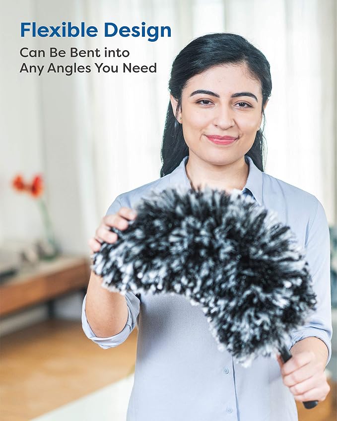 Feather Duster Kit with 5.6ft Extension Pole, 4 Dusting Brush for Cleaning Home Wall Ceiling Fan Cobweb, Microfiber Static Washable Dusters, Black Dark Gray