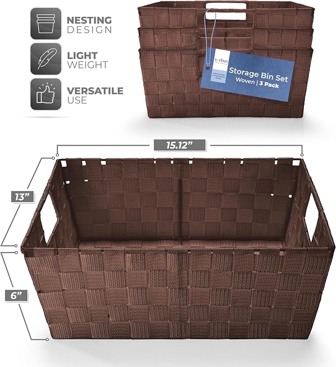 Sorbus Baskets for Organizing, Woven Storage Set (3 Piece Set, Chocolate) | Carry handles, mesh construction and metal frame support fabric bins for linen closets, shelves and home decor.