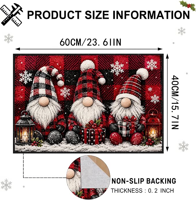 Christmas Gnome Area Rug 15.7x23.6 Inch, Faux Cashmere Non Slip Floor Mat, Red Black Plaid Holiday Rug for Entryway Bedroom Kitchen (Three Gnomes, 15.7x23.6inch)