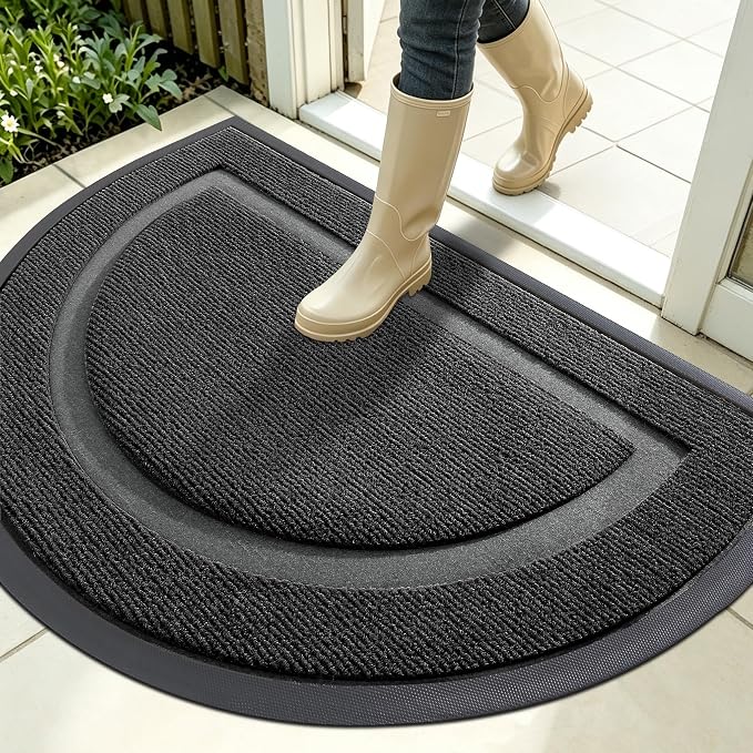 OLANLY Half Circle Front Door Mat Outside 35x23 All-Season Rubber Doormat | Black, Absorbent, Heavy-Duty, Stain and Fade Resistant, Waterproof Non-Slip Backing, Low-Profile Indoor Outdoor Entryway Mat