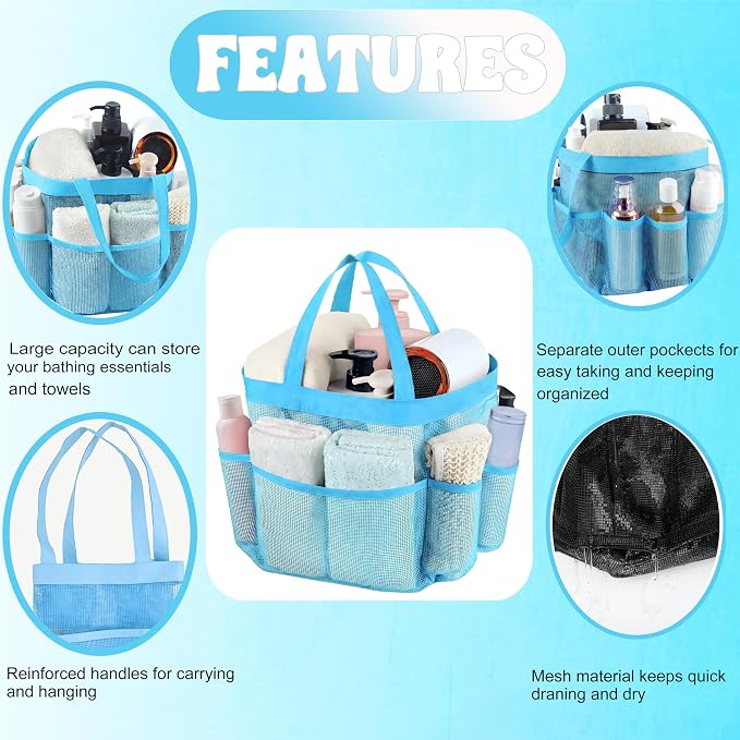 Mesh Shower Caddy Portable - 9 Pockets, Shower Bag for Dorm Room Camping | 2 Handle Quick Dry Shower Bag College Dorm Room Essentials Large Capacity Hanging Basket for Bathroom Travel Swimming Gym