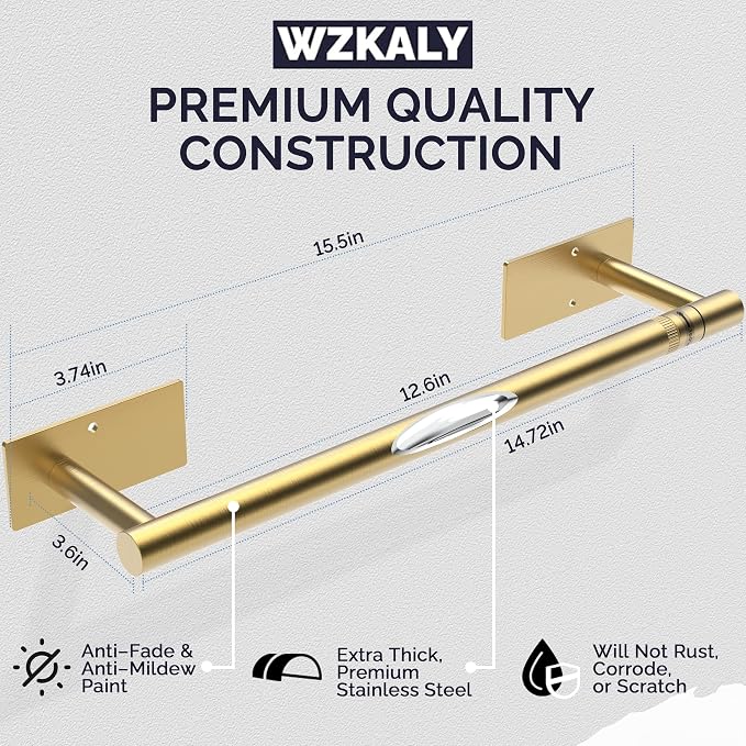 Gold Paper Towel Holder Under Cabinet Self Adhesive or Wall Mount | 304 Stainless Steel Post Pivoting Design No Drilling for Kitchen, Bathroom Waterproof & Rustproof, Square Base