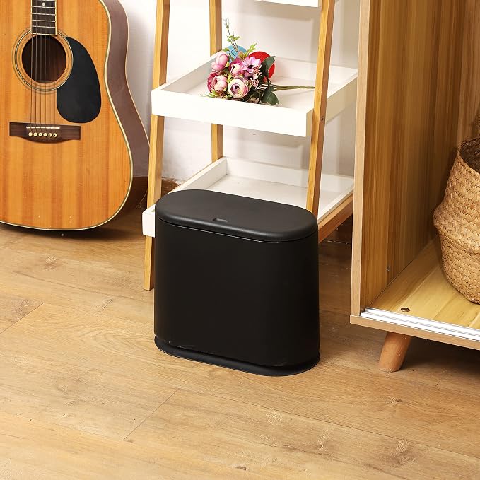 Black Slim Bathroom Trash Can with Press Top Lid,12 Liter Small Thin Garbage Can,3.17 Gallon Narrow Dog Proof Plastic Waste Basket and Covered Wastebasket for Room,Bedroom,Kitchen,Toilet,Office,Dorm