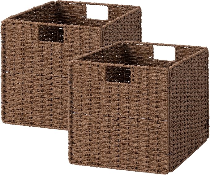StorageWorks 13 inch Cube Storage Bins, Wicker Baskets for Storage, Brown | 2-Pack, Foldable Square Baskets, Wicker Storage Baskets for Organizing, Paper Rope Square Storage Cubes, Cube Storage Bins
