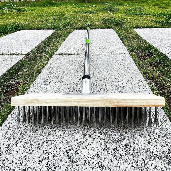 Heavy Duty Deck Scrub Brush with Long Handle, Stainless Steel Wire Stiff Outdoor Indoor Floor Brush for Powerful Cleaning, Concrete, Moss, Grout, Tile, Garage, Garden