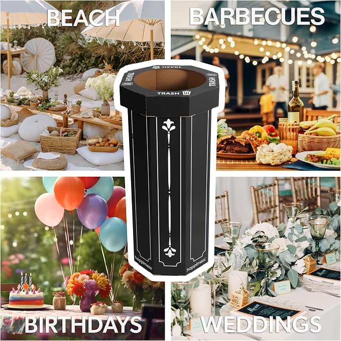 happimess Fleur 25 Gal Trash Can Bin, Bridal Black, Set of 2 | Event Recycling, Traditional Classic Disposable Corrugated Cardboard, 32" Height, 16" Width, 16" Depth