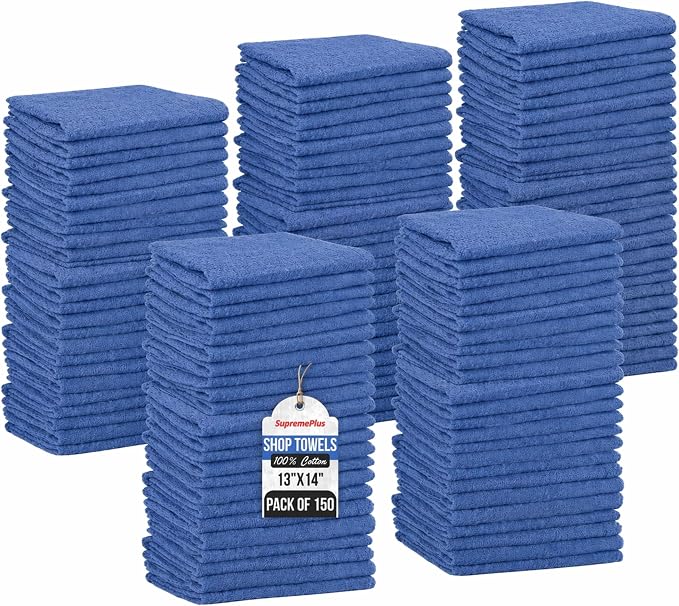 Premium Blue Shop Rags Bulk, 150 Pack, 13”x14”, Reusable Lint Free Shop Towels, Commercial-Grade 100% Cotton Cleaning Shop Cloths for Oil, Grease, Garage, Workshop, Industrial & Home Use