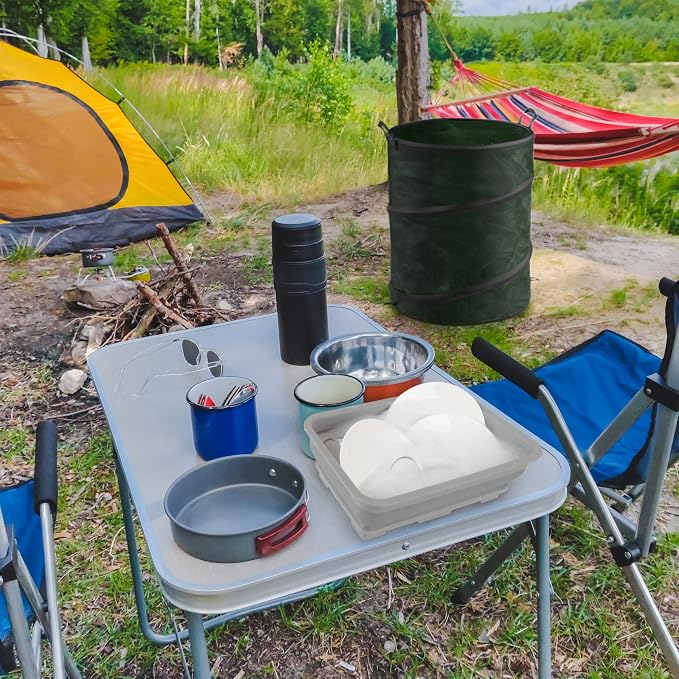 Collapsible Trash Can and Camp Sink Set - 29.5-Gallon Garbage Bin and 7-Liter Wash Basin - Camping Accessories by Wakeman Outdoors (Gray and Green)
