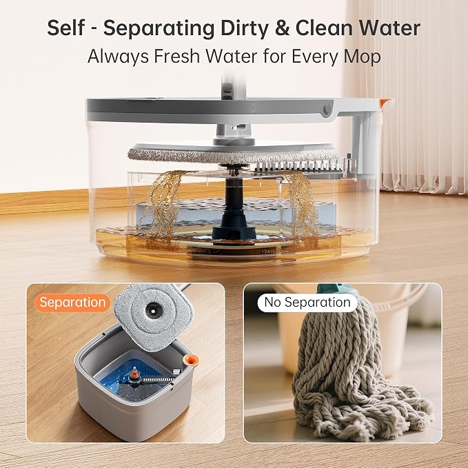 Spin Mop and Bucket Set with Self Separation Dirty and Clean Water System, Self Wringing 360° Rotating Square Mop Head for Home Floors Cleaning (1.0 Mop and Bucket Set (2 Pads))