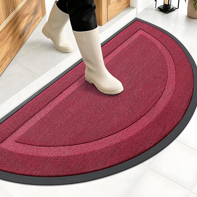 OLANLY Half Circle Front Door Mat Outside 47x23 All-Season Rubber Doormat | Burgundy, Absorbent, Heavy-Duty, Stain Fade Resistant, Waterproof Non-Slip Backing, Low-Profile Indoor Outdoor Entryway Mat