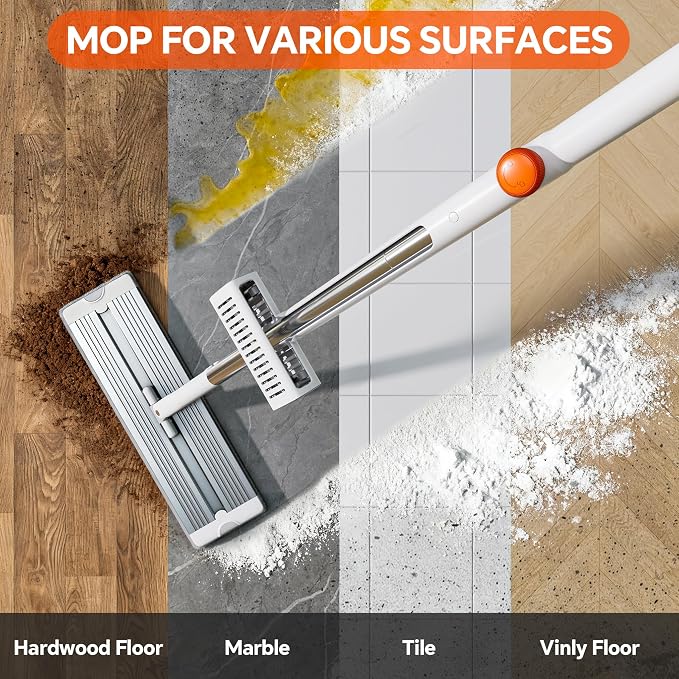 Self Wringing Mop, Hands Free Microfiber Flat Mop Wet Dry Floor | Microfiber pads, aluminum panel, wet dry cleaning system for floors walls windows, apartment use, 4 Reusable Pads