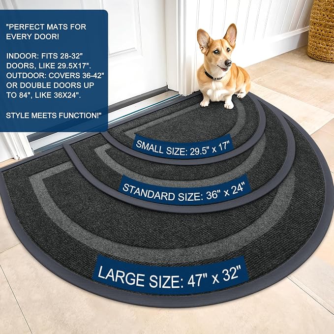 OLANLY Half Circle Front Door Mat Outside 47x32 All-Season Rubber Doormat | Black, Absorbent, Heavy-Duty, Stain and Fade Resistant, Waterproof Non-Slip Backing, Low-Profile Indoor Outdoor Entryway Mat