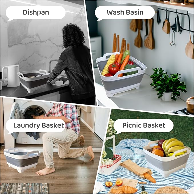 GIMWA Collapsible Wash Basin with Drain Plug - 2.4 Gallon Foldable Kitchen Sink for Baby Bottles, RV Camping, Space-Saving Dish Tub (Gray-Gray)