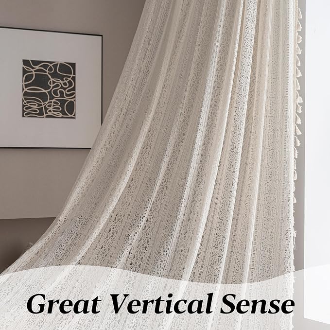 Sutuo Home Boho Curtain Crochet Lace Semi-Sheer Florals Hollow Knitted Handmade Tassels, Rod Pocket Window Treatment Vintage Rustic Farmhouse Drapes for Living Bedroom, 1 Panel 59" W x 84" L, Beige