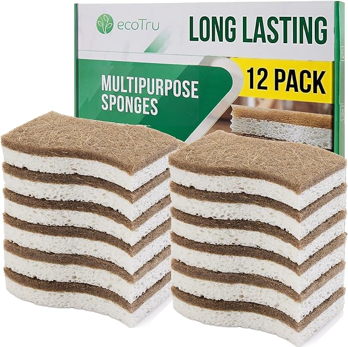 12 Pack Washing Up Sponges, Eco Kitchen Dish Cleaning Sponges, Biodegradable & Compostable Natural Cellulose Sponge with Coconut Fibre Scrubber, Non-Scratch Heavy Duty Scouring Pad