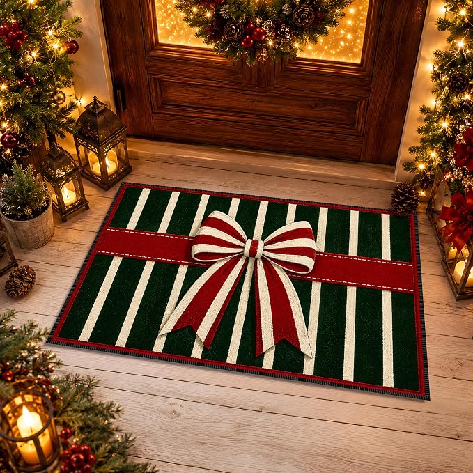 Christmas Bow Rug 15.7x23.6 in, Faux Cashmere Non Slip Floor Mat (Striped Bow, 15.7x23.6inch)