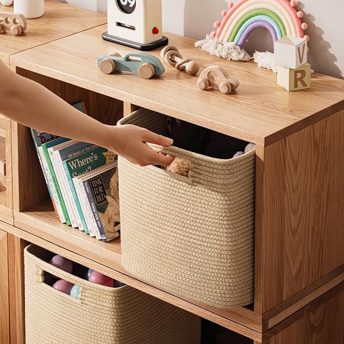 UBBCARE Set of 4 Storage Basket-12 X 12 X 12 in, Cotton Rope Basket for Shelves, Toys, Book, Cube Storage Bins with Handles, Woven Storage Basket for Organizing, Brown