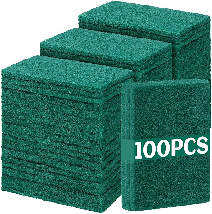 Hoolerry 100 Pcs Non Scratch Scouring Pads for Kitchen Dish,Green | Reusable Anti Grease Scrubbers, for Pan Metal Grills Cookware, Household Cleaning Dishwashing, 4.3 x 3 x 0.3 Inch Size