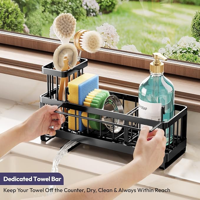 SWTYMIKI Sponge Holder for Kitchen Sink - Sink Caddy with Brush Holder Self-draining Sponge Caddy Organizer with Divider Stainless Steel Kitchen Accessories Storage for Countertop, Black