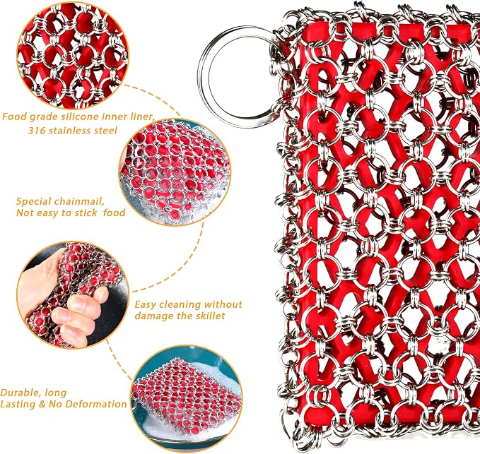 TEZZ 5 Pieces Cast Iron Cleaner Kit Include Stainless Steel Chainmail Scrubber, Dish Scrub Brush, Dual Sided Kitchen Dish Scrubber Sponge, Hot Handle Holder For Cleaning Cast Iron Skillets, Pot & Pans