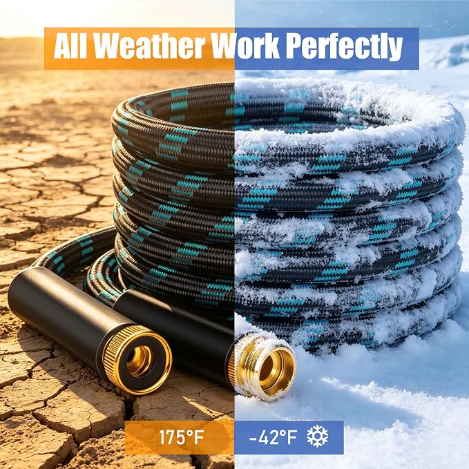 Garden Hose 25FT, Ultra Lightweight with 10-Function Nozzle | Kink-free & leak-proof 25FT hose. Ultra-lightweight 2.8 lbs, durable fittings, 10-pattern nozzle. Includes 3 extra washers.