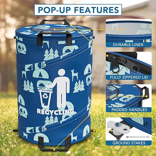30 Gallon Collapsible Pop-Up Recycling Can for RV's, Camping, Recycling, Yard Waste, Leaf Bag, Children Toy Bin (Recycling Can)