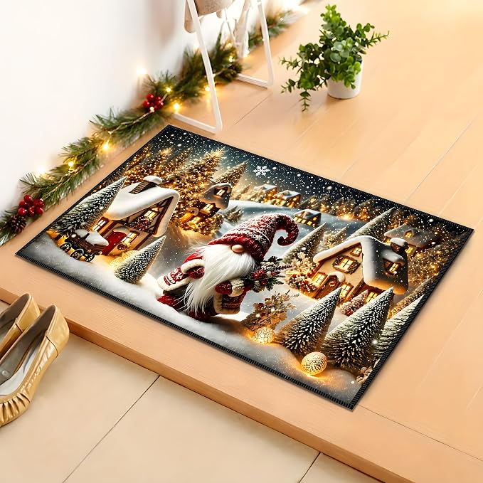 Christmas Gnome Area Rug 15.7x23.6 Inch, Faux Cashmere Non Slip Floor Mat, Snowy Village Holiday Rug for Entryway Bedroom Kitchen (Snowfield Gnomes, 15.7x23.6inch)