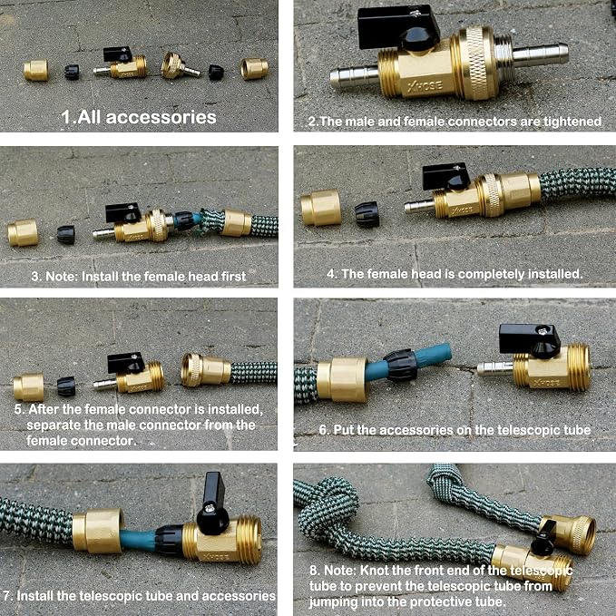 SIGURANTA Garden Expandable Hose Repair Kit, 0.354" Hose Barb Adapter | 3/4" GHT brass shut-off valves, repair parts for inner-tube expandable hoses to fix outdoor garden hose leaks quickly.