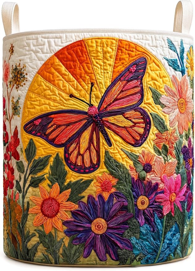 Quilted Laundry Basket with Handles, Boho Floral Quilted Storage Hamper, Large Capacity Laundry Hamper for Nursery Bedroom Laundry Room Home Decor (Pattern 05, Small (18"H x 14"W x 14"L))