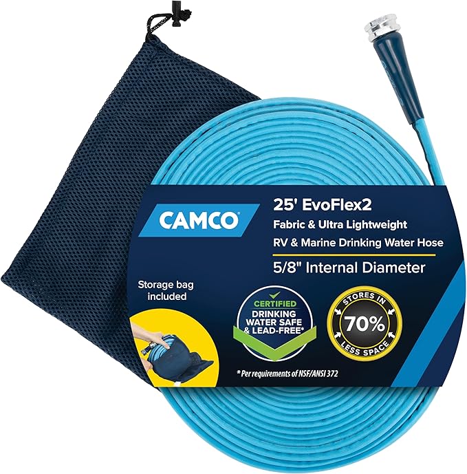 Camco EvoFlex2 25-ft RV Drinking Water Hose | Lightweight RV Drinking Water Hose Reinforced w/ Fabric - Contains No Lead, No BPA & No Phthalate -Abrasion Resistant (22577)