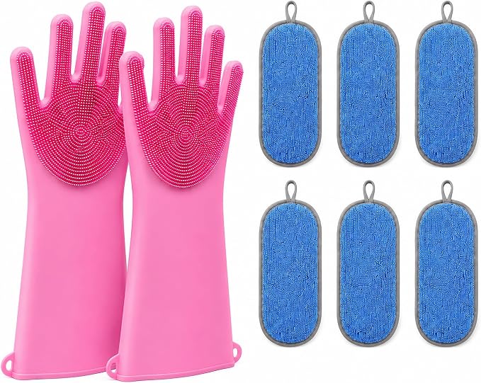 Clency Non-Scratch Kitchen Sponges, 6 Pack Dual-Sided Dish Sponges for Washing Dishes, Safe for Nonstick Cookware, Reusable Scrubber Cleaning Set with 2 Silicone Cleaning Gloves