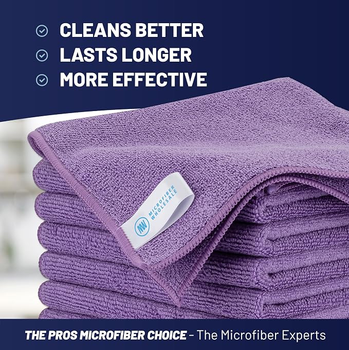 MW PRO Microfiber Cleaning Cloths Purple (12 Pack, 12x12) - Commercial Janitorial Towels & Lint Free Rags - Heavy Duty for Auto Detailing, Glass Windows, Housekeeping & Screens - Washable 300+ Times