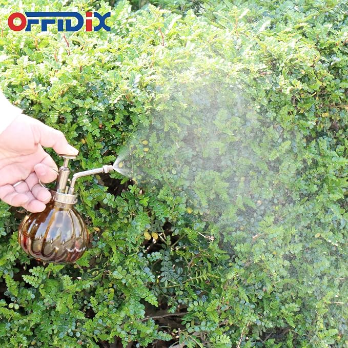 OFFIDIX Glass Spray Bottle, Brown Plant Mister Pumpkin Style Spritzer 6.7oz | Flower Spray Water Bottle, Fine Mist Vintage, Bronze Plastic Top Pump, One Hand Watering Can for Indoor Outdoor Garden Decor