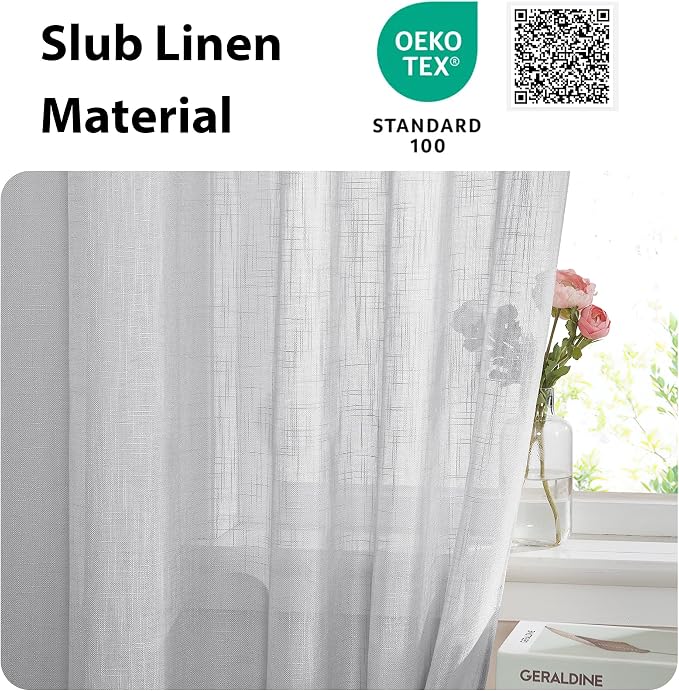 NICETOWN French Door Panel with Tieback - Linen Look Sheer Curtain | Linen Textured Sheer French Door Panel with a Tieback (52 Width x 72 Length, Light Grey, 1 PC)