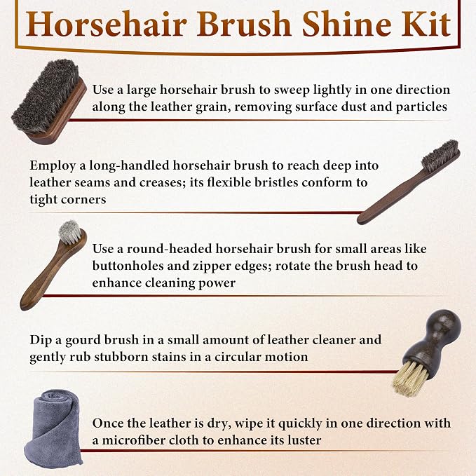 5 PCS Leather Brush Car Detailing, Horse Hair Brush, Car Cleaning Supplies | Car Interior Brush, Carpet Brush for Car Detailing, for Car Accessories Interior, Carpet, Upholstery, Furniture and Shoes