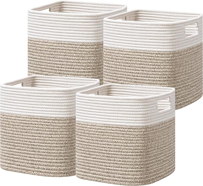 Dreamcountry 13x13 Cube Storage Bins, Storage Cubes with Handles, 4 Pack Cotton Rope Basket for Shelves, Cube Storage Organizer forToys, Book, Clothes, Home, Office, Nursery, White/Brown